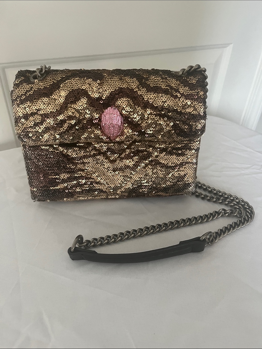 Kurt Geiger  Gold Sequin Crossbody with Pink Accent